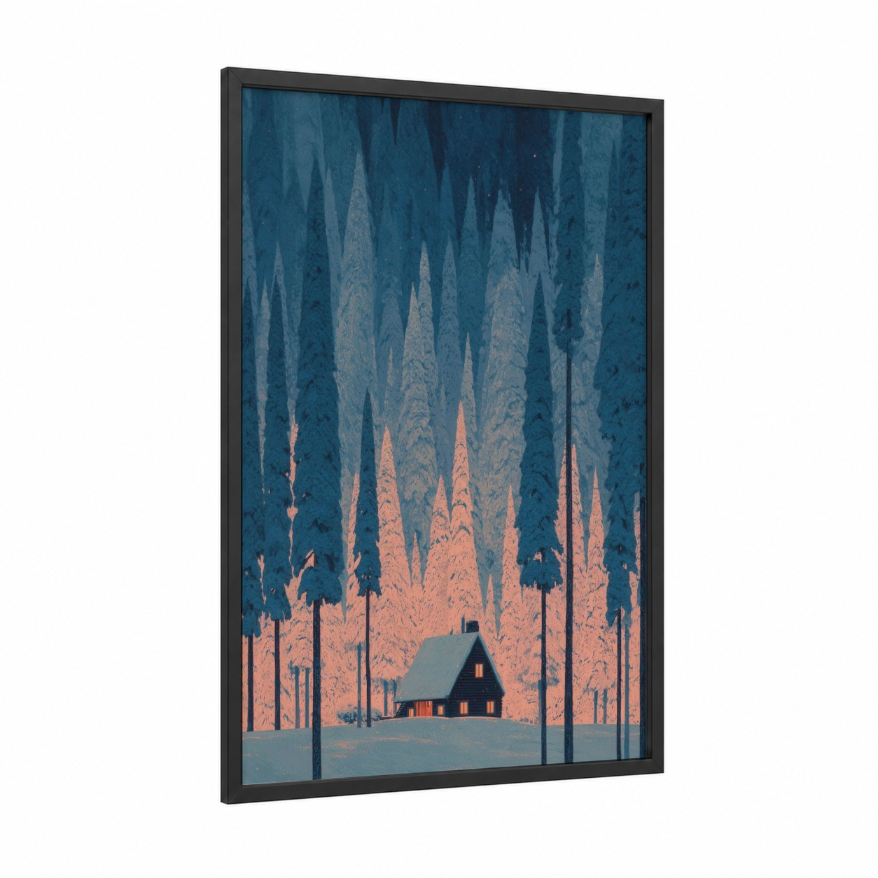 Snowy Cottage Forest framed art print — black wood frame — teal and peach palette