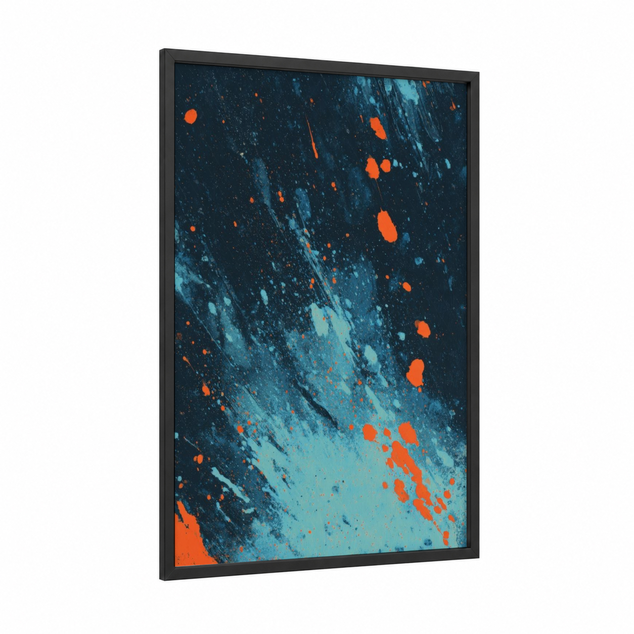 Frozen Energy framed ice hockey print — black wood frame — blue and orange palette