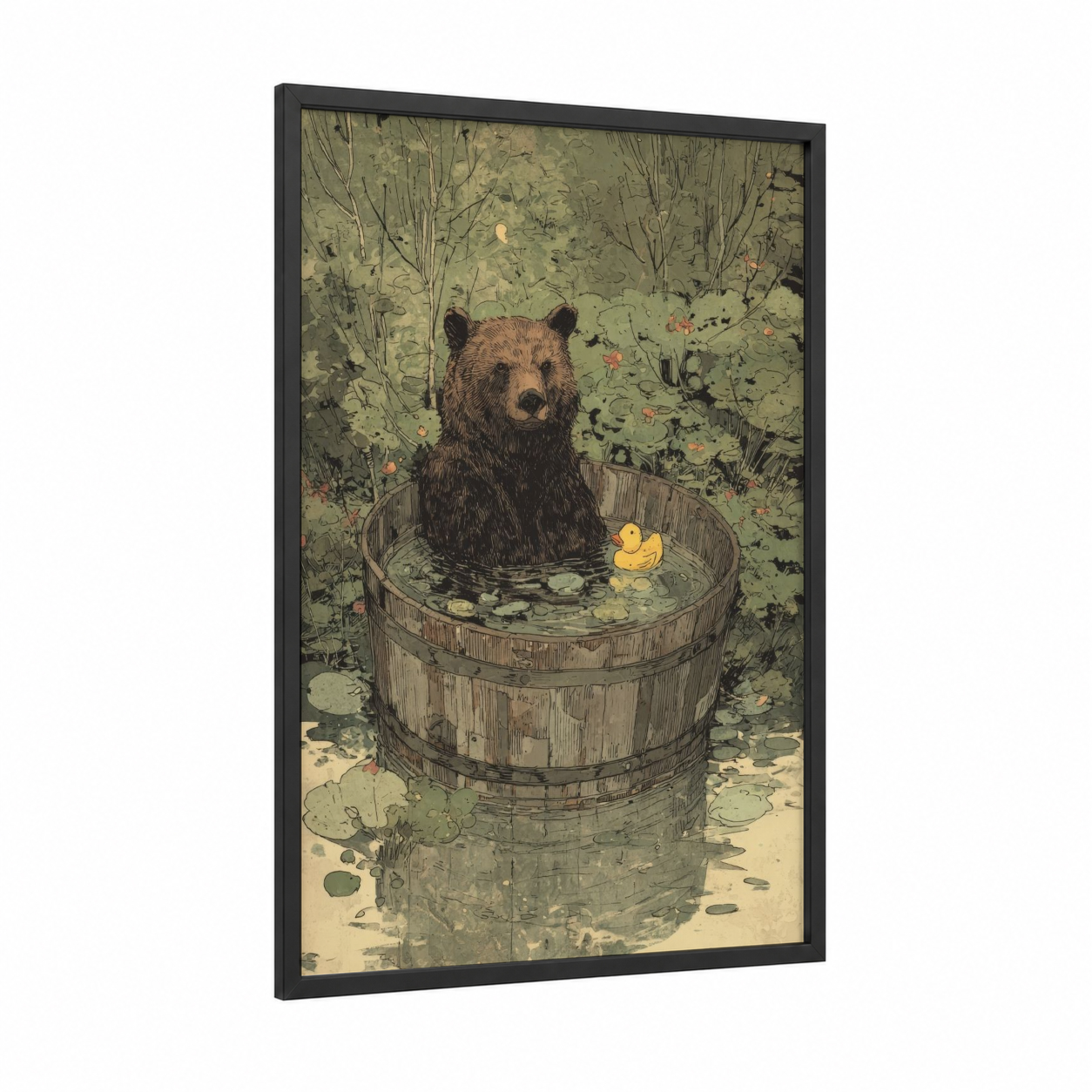 Bathing Grizzly framed grizzly bear print — black wood frame — sage green and brown palette