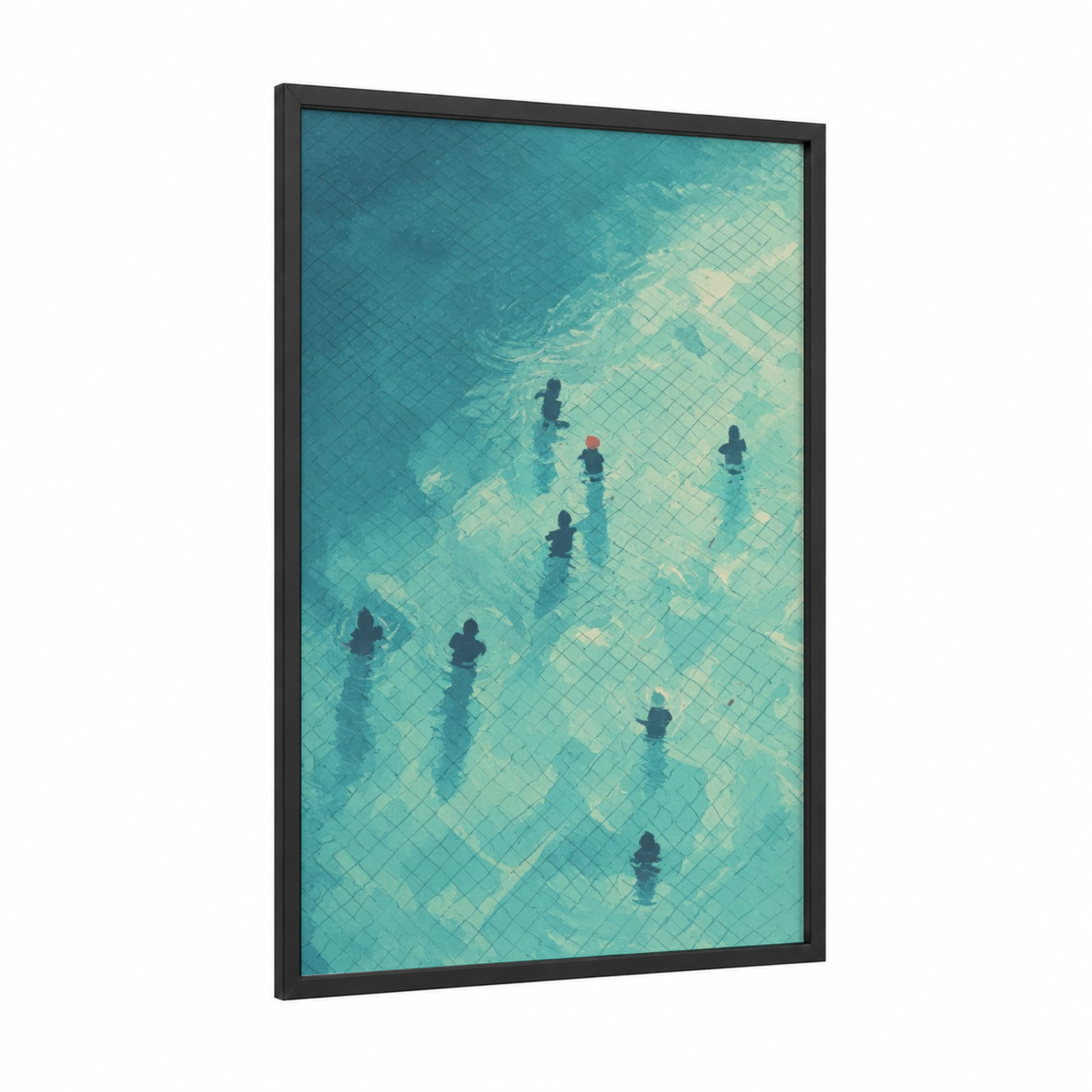 Aerial Water Polo framed art print — black wood frame — turquoise and cream palette
