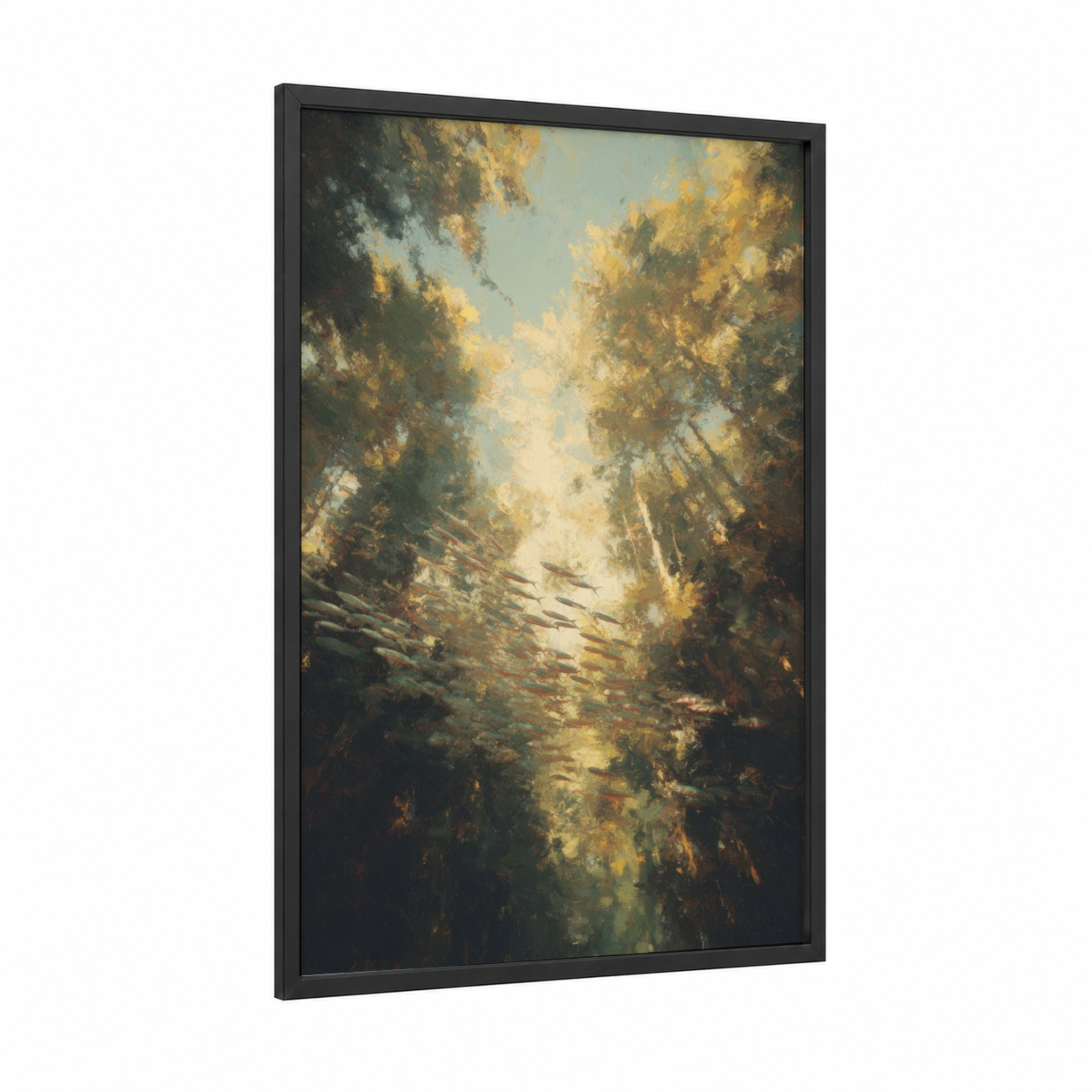 Golden Snook framed art print — black wood frame — gold and olive palette