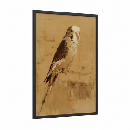 Perched Budgerigar framed budgeridar print — black wood frame — blue and cream palette