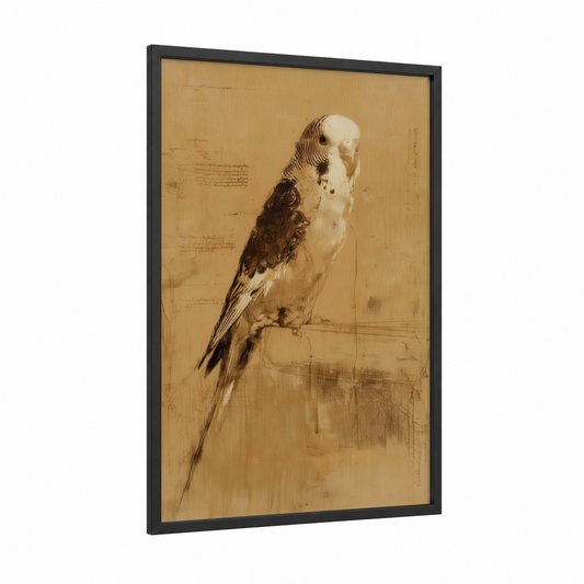 Perched Budgerigar framed budgeridar print — black wood frame — blue and cream palette