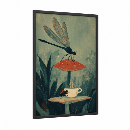 Mushroom Dragonfly framed art print — black wood frame — sage green and cream palette