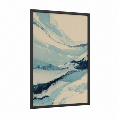 Frozen River Flow framed ice skating print — black wood frame — blue and white and cream palette