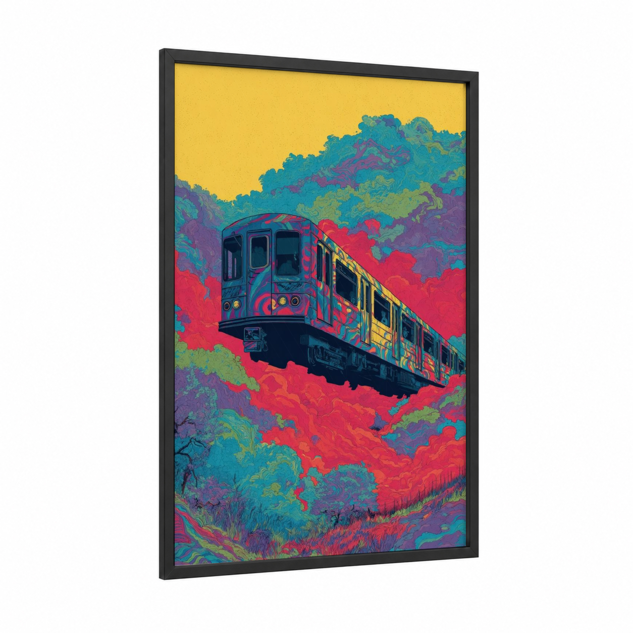 Neon Express Train framed art print — black wood frame — magenta and blue palette