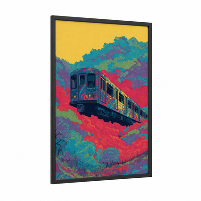 Neon Express Train framed art print — black wood frame — magenta and blue palette