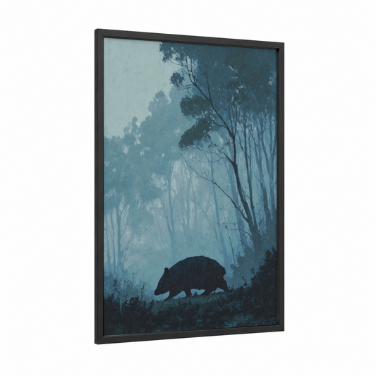 Misty Wombat framed art print — black wood frame — dark blue and gray palette