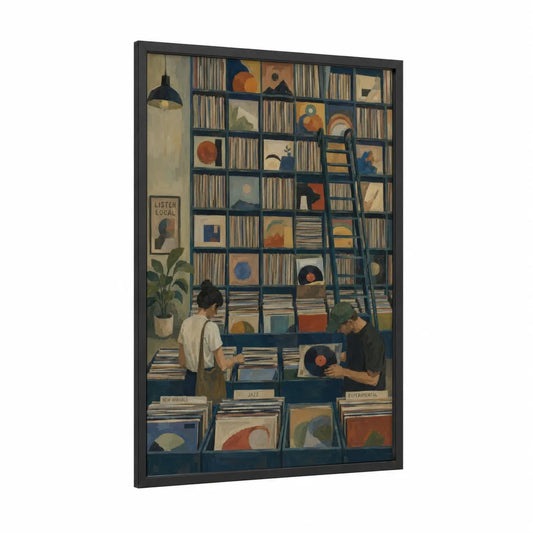 Vintage Record Store Library Wall Art framed vinyl records print — black wood frame — blue and orange palette
