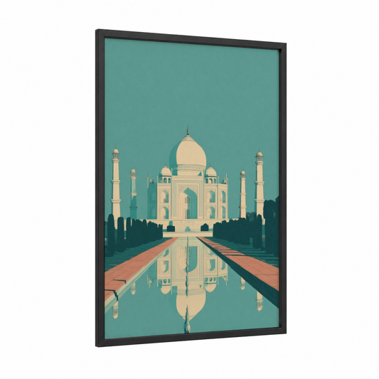 Taj Mahal Reflection framed art print — black wood frame — teal and cream palette