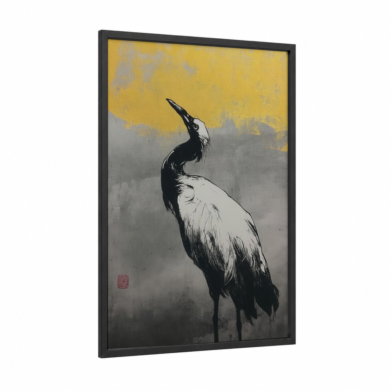 Golden Crane framed abstract classic print — black wood frame — yellow gold and black and white palette