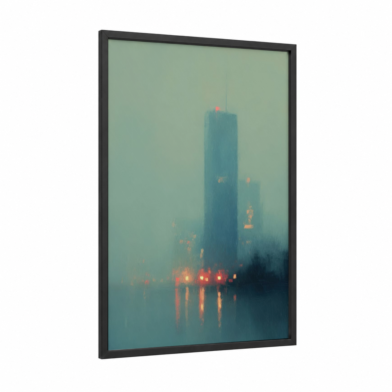 Misty Metropolis framed skyscraper print — black wood frame — dark blue and gray palette