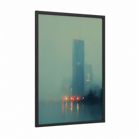 Misty Metropolis framed skyscraper print — black wood frame — dark blue and gray palette