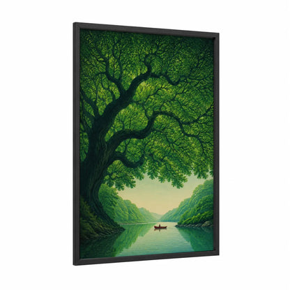 Tranquil Lake Tree Canopy Wall Art framed art print — black wood frame — true green and teal palette