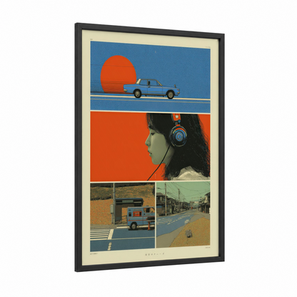 Retro City Vibes framed japanese y2k print — black wood frame — blue and orange palette