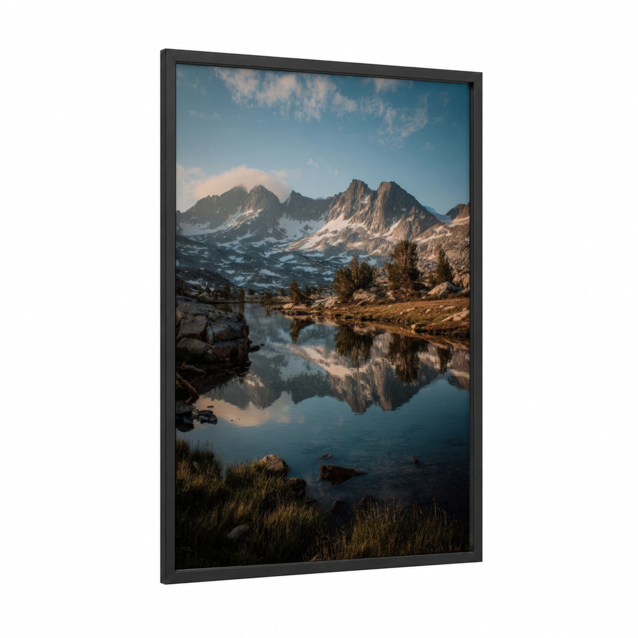 Alpine Mirror Lake framed sierra nevada print — black wood frame — blue and gold and gray palette