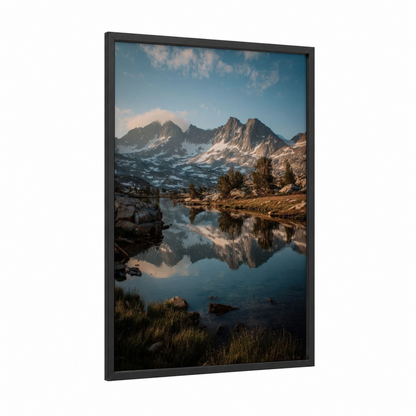 Alpine Mirror Lake framed sierra nevada print — black wood frame — blue and gold and gray palette