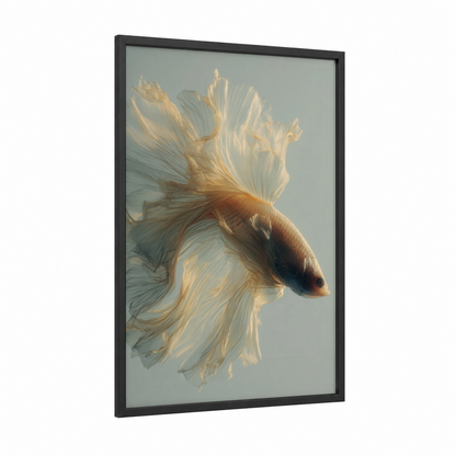 Golden Betta Elegance framed betta fish print — black wood frame — gold and white palette