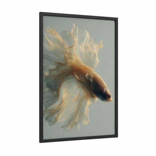 Golden Betta Elegance framed betta fish print — black wood frame — gold and white palette