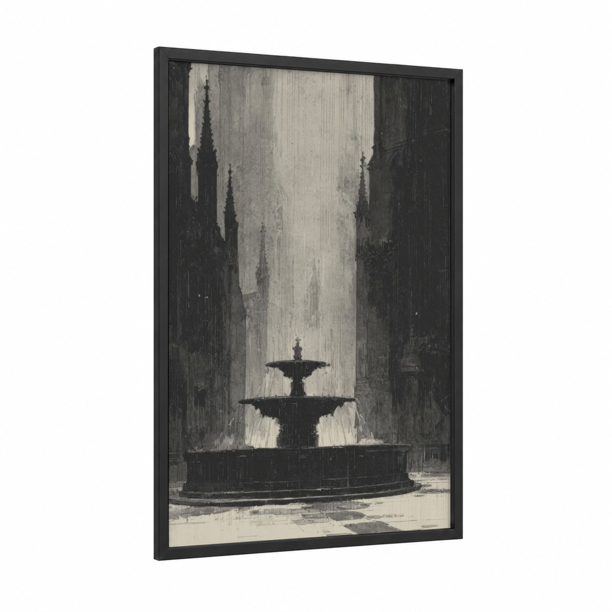 Gothic Cathedral Fountain framed fountains print — black wood frame — black and white and gray palette
