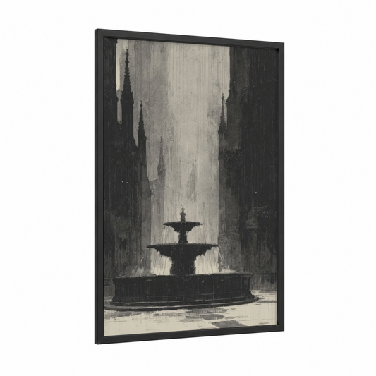 Gothic Cathedral Fountain framed fountains print — black wood frame — black and white and gray palette