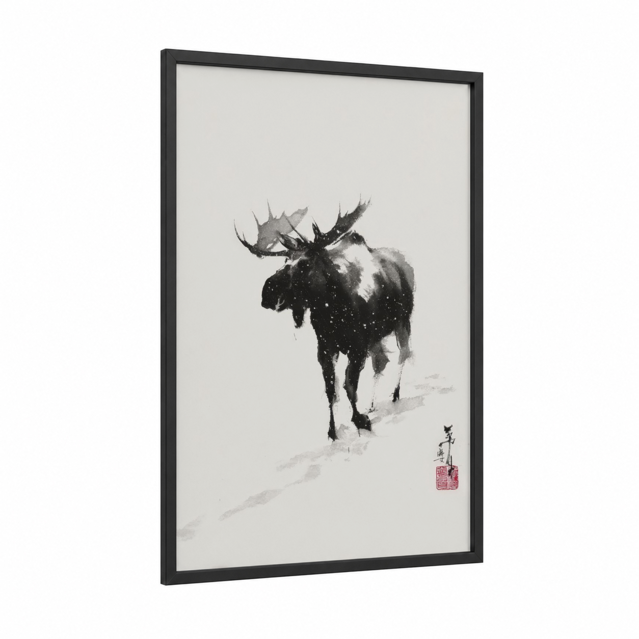 Snowy Moose framed art print — black wood frame — black and white and gray palette