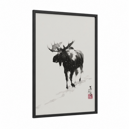 Snowy Moose framed art print — black wood frame — black and white and gray palette