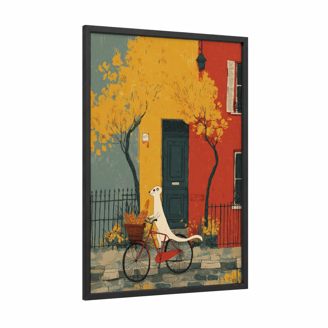 Autumn Weasel framed art print — black wood frame — gold and red palette