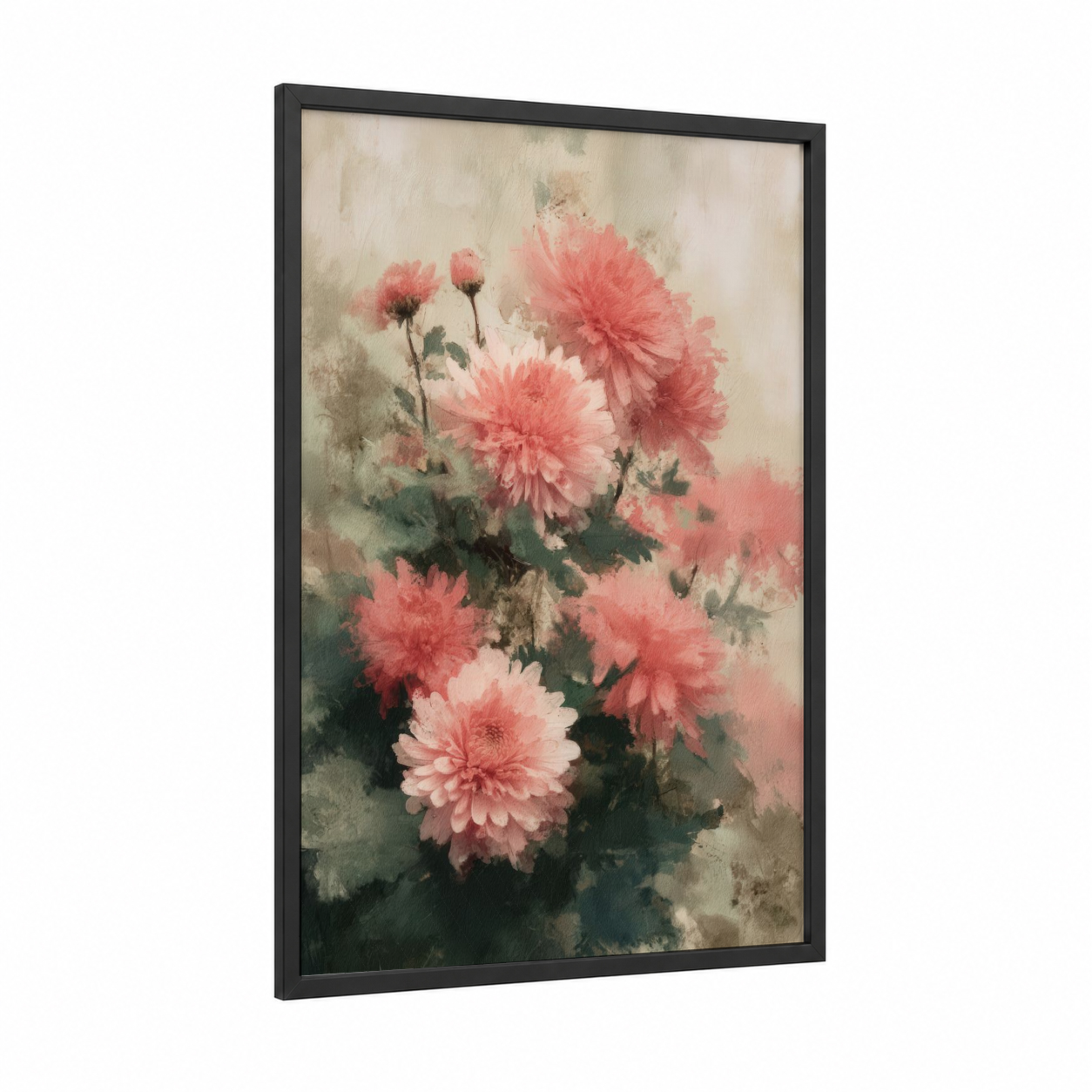 Vintage Chrysanthemum framed art print — black wood frame — pink and sage green palette