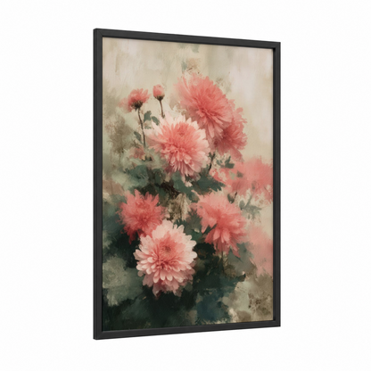 Vintage Chrysanthemum framed art print — black wood frame — pink and sage green palette