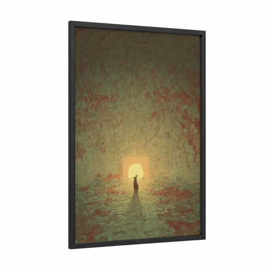 Solitary Rabbit framed art print — black wood frame — gold and sage green palette