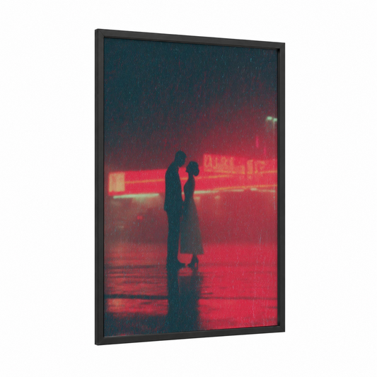 Rainy Embrace framed groom and bride print — black wood frame — dark blue and red palette