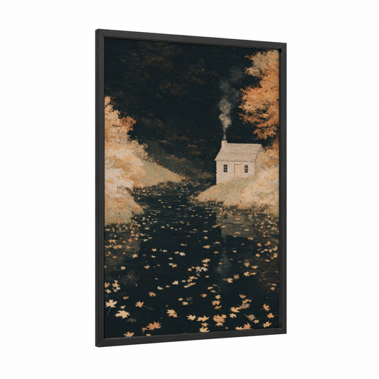 Autumn Canal framed art print — black wood frame — gold and dark blue palette