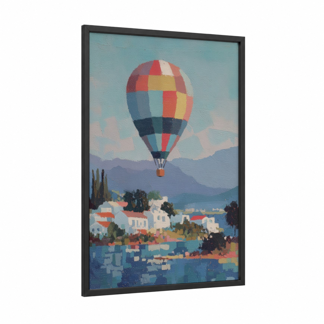 Alpine Balloon Journey framed hot air baloon print — black wood frame — blue and white and orange palette