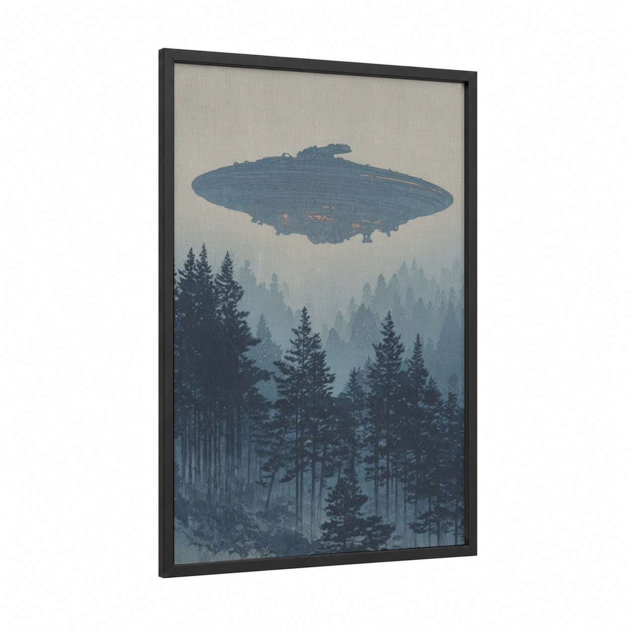Forest UFO Encounter framed art print — black wood frame — dark blue and gray palette