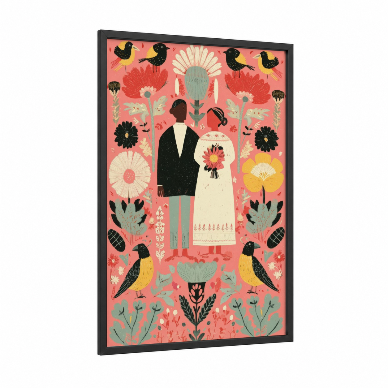 Botanical Wedding Couple framed groom and bride print — black wood frame — salmon pink and cream palette