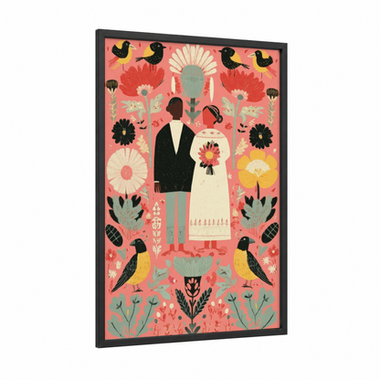 Botanical Wedding Couple framed groom and bride print — black wood frame — salmon pink and cream palette