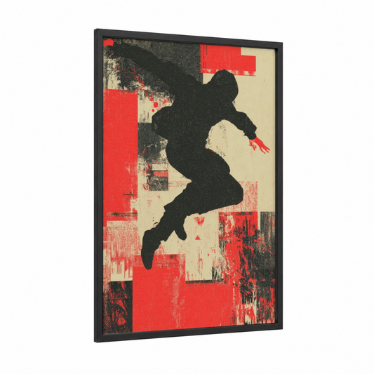 Urban Parkour framed art print — black wood frame — red and black and white palette