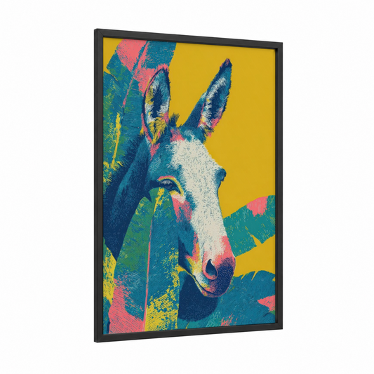Vibrant Mule Portrait framed art print — black wood frame — true green and magenta palette