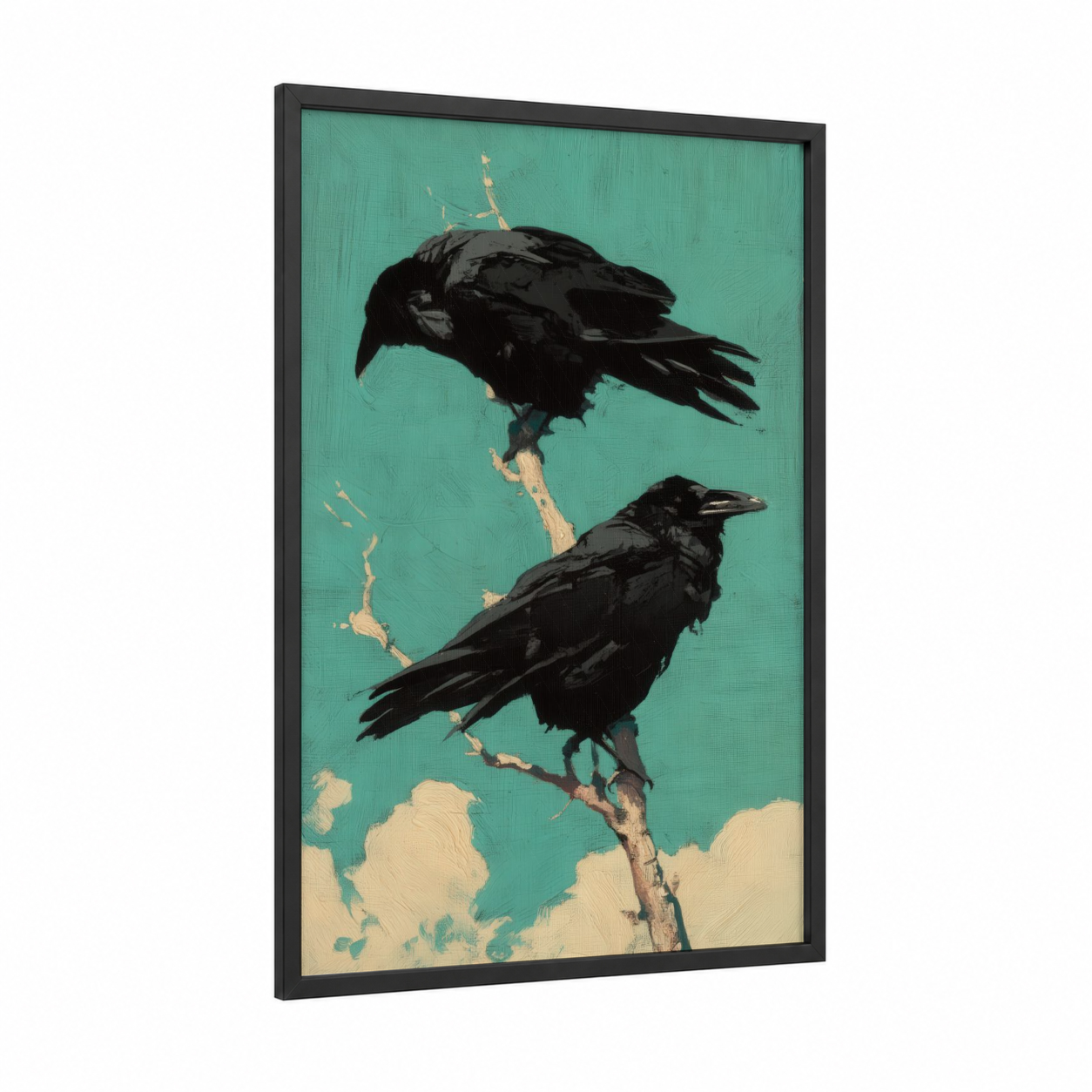 Turquoise Branch Ravens framed crows and ravens print — black wood frame — turquoise and black palette