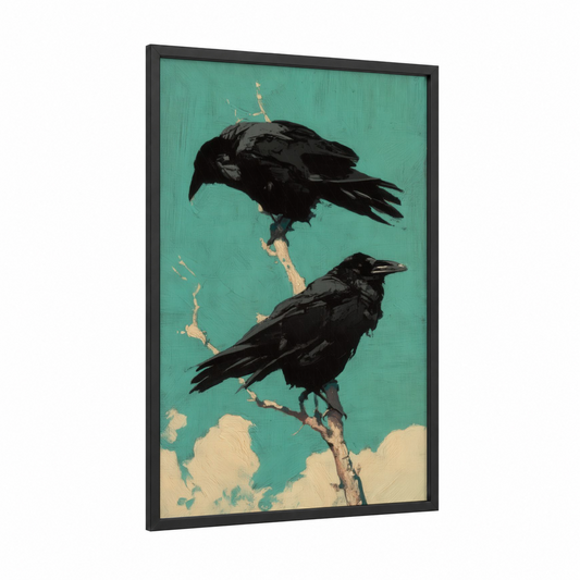 Turquoise Branch Ravens framed crows and ravens print — black wood frame — turquoise and black palette