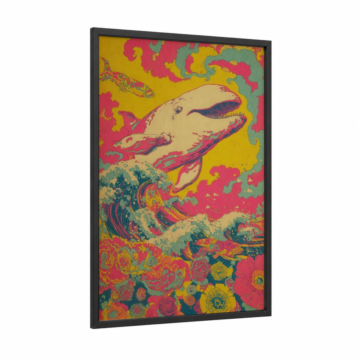 Vibrant Beluga Whale framed art print — black wood frame — magenta and yellow gold palette