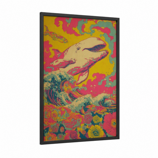 Vibrant Beluga Whale framed art print — black wood frame — magenta and yellow gold palette