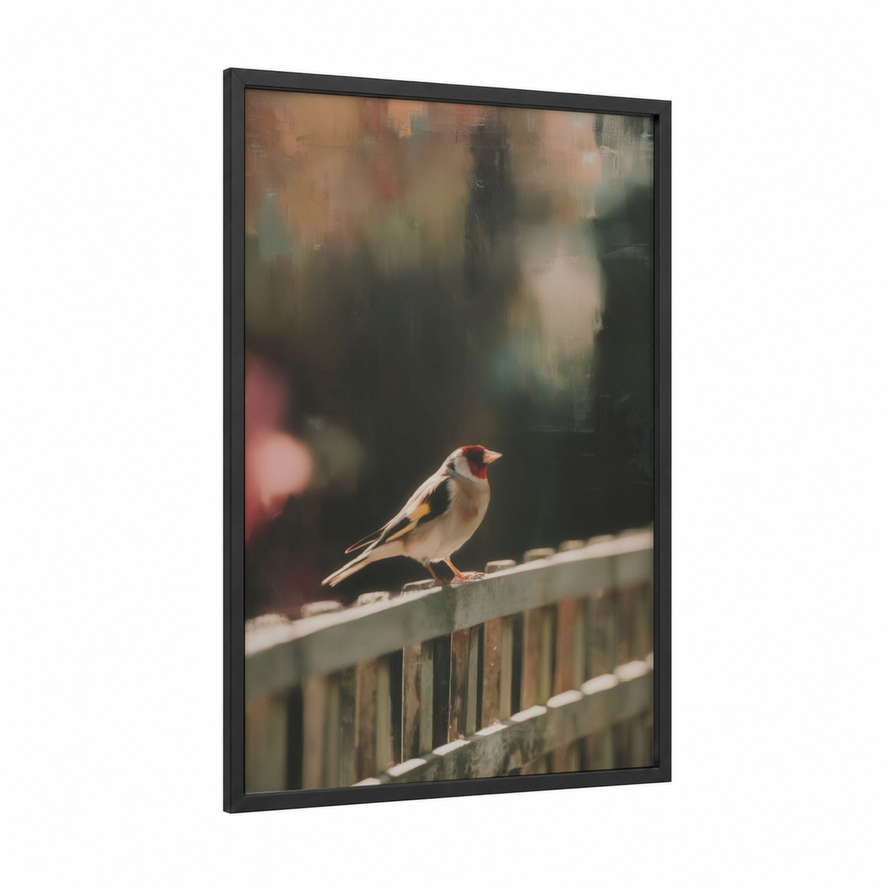 Perched Finch framed art print — black wood frame — beige and russet palette