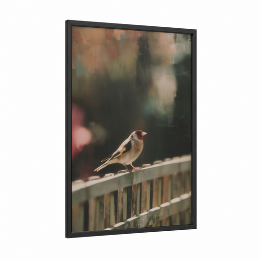 Perched Finch framed art print — black wood frame — beige and russet palette