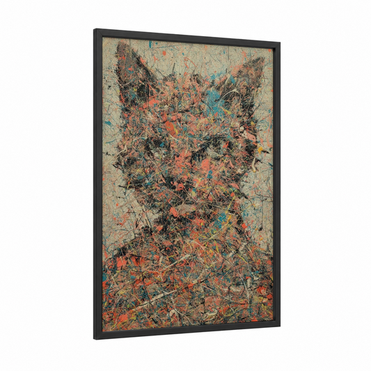 Abstract Feline framed cat print — black wood frame — teal palette