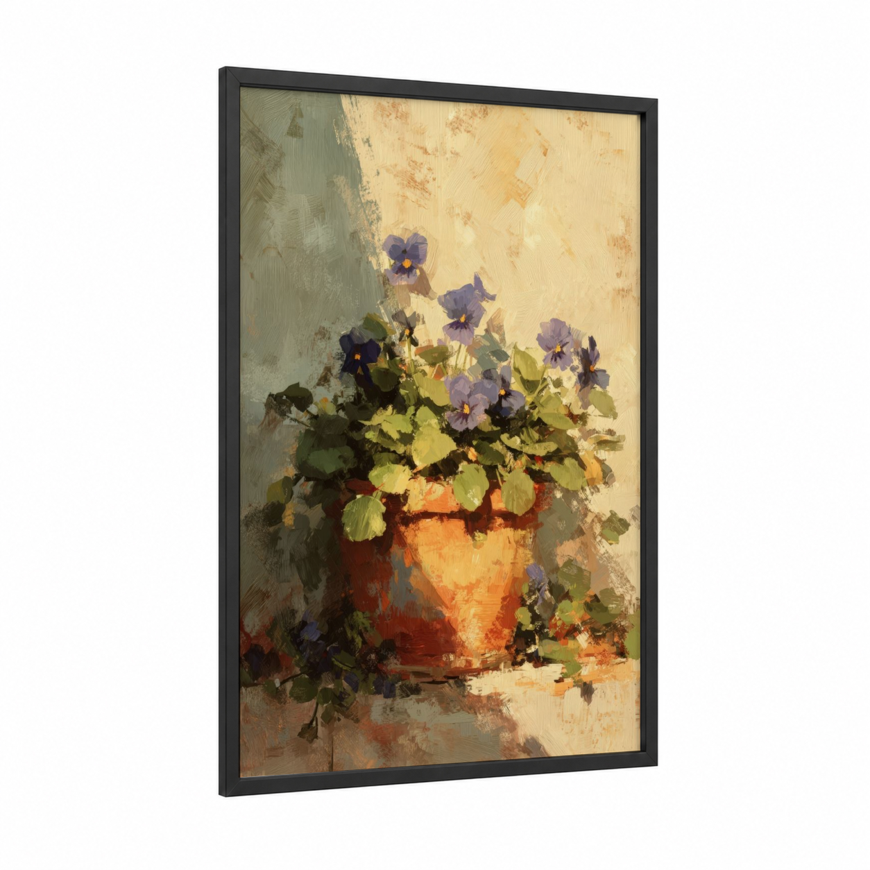 Potted Violets framed art print — black wood frame — cream and lavender palette