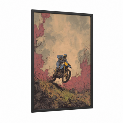 Desert Rider framed vintage motorcycle print — black wood frame — peach and rose gold palette