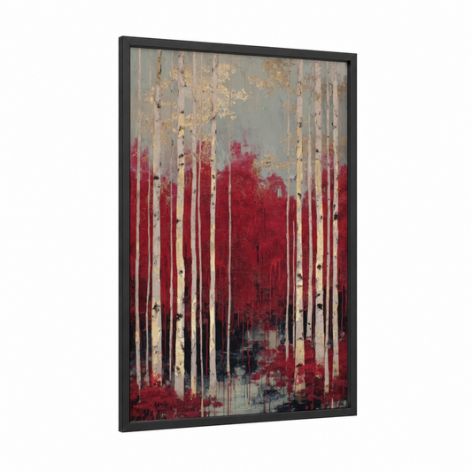 Crimson Birch Forest framed birch tree print — black wood frame — red and gold palette
