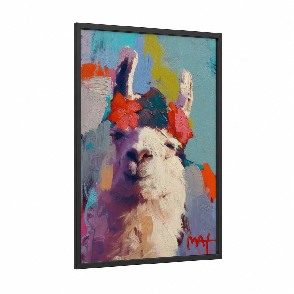 Floral Llama framed art print — black wood frame — blue and pink palette